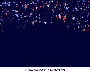 American Patriot Day stars background. Holiday confetti in USA flag colors for Presidents Day. Vivid red blue white stars on dark American patriotic vector. 4th of July stardust scatter.