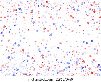 American Patriot Day stars background. Confetti in US flag colors for Independence Day.  Navy red blue white stars on white American patriotic vector. July 4th stardust confetti.