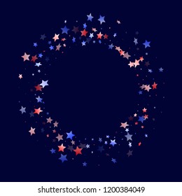 American Patriot Day stars background. Holiday confetti in USA flag colors for Patriot Day. Vivid red blue white stars on dark American patriotic vector. July 4th holiday stardust.