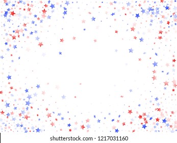 American Patriot Day stars background. Holiday confetti in USA flag colors for Presidents Day. Stylish red blue white stars on white American patriotic vector. 4th of July holiday stardust.