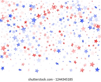 American Patriot Day stars background. Holiday confetti in US flag colors for Patriot Day.  Stylish red blue white stars on white American patriotic vector. July 4th stardust elements.