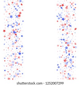 American Patriot Day stars background. Confetti in USA flag colors for Independence Day. Festive red blue white stars on white American patriotic vector. July 4th stardust elements.