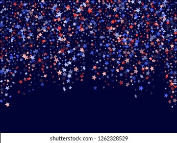 American Patriot Day stars background. Holiday confetti in US flag colors for President Day.  Trendy red blue white stars on dark American patriotic vector. July 4th stardust elements.