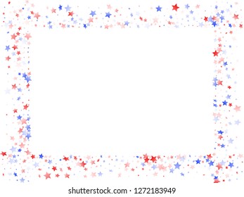 American Patriot Day stars background. Holiday confetti in US flag colors for Patriot Day. Stylish red blue white stars on white American patriotic vector. 4th of July stardust confetti.