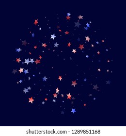 American Patriot Day stars background. Confetti in USA flag colors for Independence Day.  Banner red blue white stars on dark American patriotic vector. 4th of July stardust scatter.