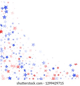 American Patriot Day stars background. Holiday confetti in USA flag colors for Presidents Day. Solemn red blue white stars on white American patriotic vector. July 4th stardust confetti.