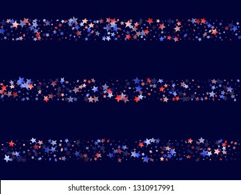 American Patriot Day stars background. Holiday confetti in USA flag colors for Presidents Day.  Cool red blue white stars on dark American patriotic vector. July 4th holiday stardust.