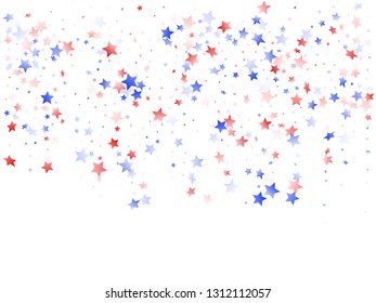 American Patriot Day stars background. Holiday confetti in US flag colors for President Day.  Vivid red blue white stars on white American patriotic vector. 4th of July holiday stardust.