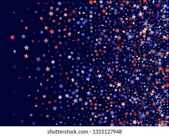 American Patriot Day stars background. Holiday confetti in USA flag colors for Presidents Day.  Gradient red blue white stars on dark American patriotic vector. July 4th holiday stardust.