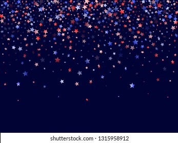 American Patriot Day stars background. Confetti in US flag colors for Independence Day.  Cool red blue white stars on dark American patriotic vector. 4th of July stardust scatter.