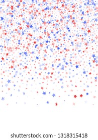 American Patriot Day stars background. Holiday confetti in US flag colors for President Day.  Trendy red blue white stars on white American patriotic vector. July 4th stardust confetti.