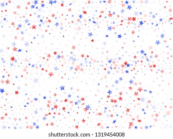 American Patriot Day stars background. Confetti in US flag colors for Independence Day.  Minimal red blue white stars on white American patriotic vector. Fourth of July stardust scatter.