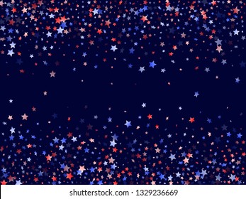 American Patriot Day stars background. Holiday confetti in USA flag colors for Patriot Day. Vivid red blue white stars on dark American patriotic vector. 4th of July holiday stardust.