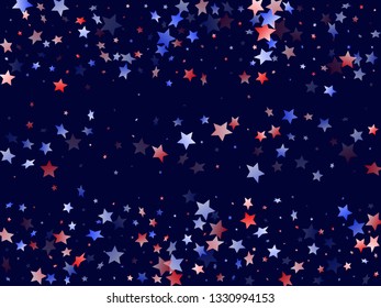 American Patriot Day stars background. Holiday confetti in US flag colors for President Day.  Bright red blue white stars on dark American patriotic vector. July 4th holiday stardust.