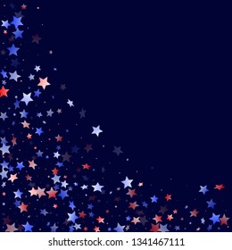 American Patriot Day stars background. Holiday confetti in USA flag colors for Presidents Day. Vivid red blue white stars on dark American patriotic vector. Fourth of July stardust scatter.