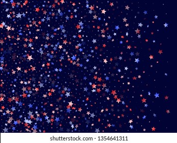 American Patriot Day stars background. Confetti in US flag colors for Independence Day.  Poster red blue white stars on dark American patriotic vector. Fourth of July stardust scatter.