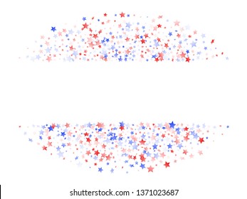 American Patriot Day stars background. Confetti in US flag colors for Independence Day. Banner red blue white stars on white American patriotic vector. 4th of July holiday stardust.