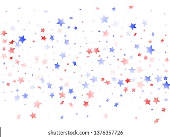 American Patriot Day stars background. Holiday confetti in US flag colors for President Day.  Bright red blue white stars on white American patriotic vector. 4th of July holiday stardust.
