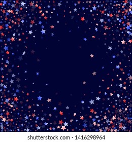 American Patriot Day stars background. Holiday confetti in USA flag colors for Presidents Day. Festive red blue white stars on dark American patriotic vector. Fourth of July stardust scatter.