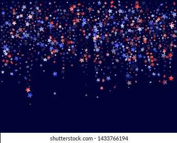 American Patriot Day stars background. Confetti in US flag colors for Independence Day.  Cool red blue white stars on dark American patriotic vector. July 4th holiday stardust.