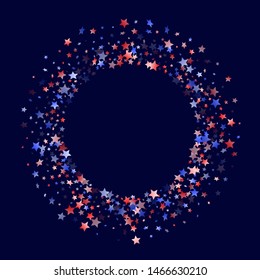 American Patriot Day stars background. Holiday confetti in USA flag colors for Presidents Day. Minimal red blue white stars on dark American patriotic vector. Fourth of July stardust scatter.