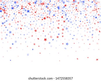 American Patriot Day stars background. Holiday confetti in USA flag colors for Patriot Day. Minimal red blue white stars on white American patriotic vector. July 4th stardust elements.