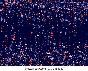American Patriot Day stars background. Confetti in US flag colors for Independence Day.  Vivid red blue white stars on dark American patriotic vector. Fourth of July holiday stardust.