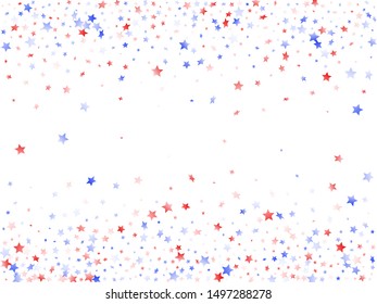 American Patriot Day stars background. Confetti in US flag colors for Independence Day. Gradient red blue white stars on white American patriotic vector. 4th of July stardust scatter.
