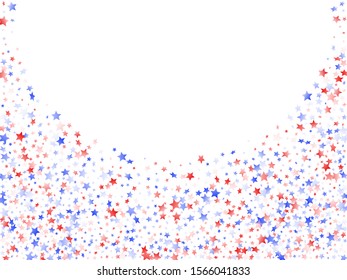 American Patriot Day stars background. Confetti in US flag colors for Independence Day. Simple red blue white stars on white American patriotic vector. July 4th stardust elements.