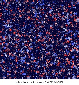 American Patriot Day stars background. Confetti in USA flag colors for Independence Day.  Vivid red blue white stars on dark American patriotic vector. 4th of July holiday stardust.