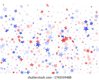 American Patriot Day stars background. Holiday confetti in USA flag colors for Patriot Day.  Cool red blue white stars on white American patriotic vector. 4th of July stardust scatter.