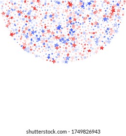 American Patriot Day stars background. Holiday confetti in USA flag colors for Presidents Day.  Cool red blue white stars on white American patriotic vector. July 4th holiday stardust.