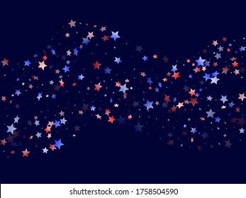American Patriot Day stars background. Confetti in US flag colors for Independence Day.  Banner red blue white stars on dark American patriotic vector. 4th of July stardust confetti.