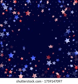 American Patriot Day stars background. Confetti in USA flag colors for Independence Day. Festive red blue white stars on dark American patriotic vector. 4th of July stardust scatter.