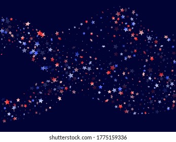 American Patriot Day stars background. Confetti in US flag colors for Independence Day.  Banner red blue white stars on dark American patriotic vector. Fourth of July holiday stardust.
