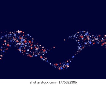 American Patriot Day stars background. Confetti in US flag colors for Independence Day.  Poster red blue white stars on dark American patriotic vector. 4th of July stardust confetti.