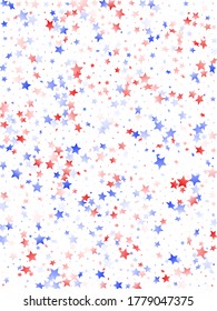 American Patriot Day stars background. Holiday confetti in USA flag colors for Presidents Day.  Simple red blue white stars on white American patriotic vector. 4th of July stardust confetti.