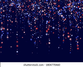 American Patriot Day stars background. Holiday confetti in US flag colors for Patriot Day.  Navy red blue white stars on dark American patriotic vector. July 4th stardust confetti.