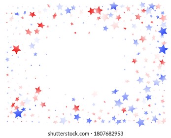 American Patriot Day stars background. Confetti in US flag colors for Independence Day. Vivid red blue white stars on white American patriotic vector. 4th of July stardust scatter.
