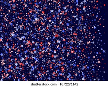 American Patriot Day stars background. Holiday confetti in US flag colors for Patriot Day.  Minimal red blue white stars on dark American patriotic vector. July 4th stardust elements.