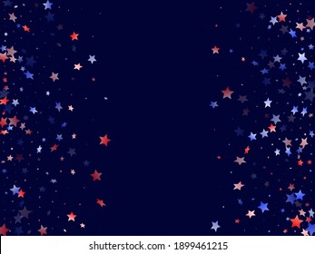 American Patriot Day stars background. Holiday confetti in US flag colors for President Day. Stylish red blue white stars on dark American patriotic vector. Fourth of July stardust scatter.