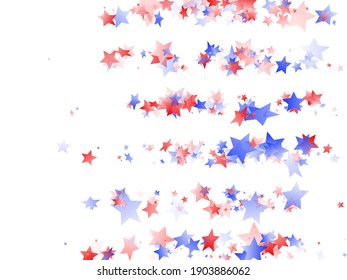 American Patriot Day stars background. Holiday confetti in USA flag colors for Presidents Day. Simple red blue white stars on white American patriotic vector. 4th of July stardust scatter.