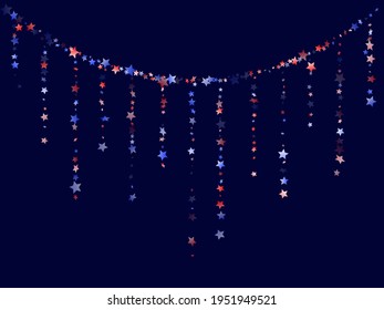 American Patriot Day stars background. Holiday confetti in US flag colors for President Day.  Solemn red blue white stars on dark American patriotic vector. July 4th stardust elements.