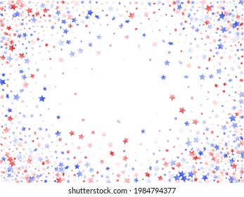 American Patriot Day stars background. Confetti in USA flag colors for Independence Day. Festive red blue white stars on white American patriotic vector. July 4th stardust confetti.