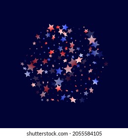 American Patriot Day stars background. Holiday confetti in USA flag colors for Patriot Day.  Bright red blue white stars on dark American patriotic vector. 4th of July stardust scatter.
