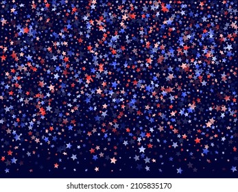American Patriot Day stars background. Holiday confetti in USA flag colors for Presidents Day.  Cool red blue white stars on dark American patriotic vector. 4th of July stardust confetti.