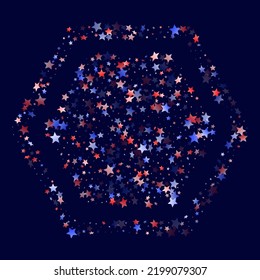 American Patriot Day stars background. Holiday confetti in USA flag colors for Presidents Day.  Cool red blue white stars on dark American patriotic vector. July 4th holiday stardust.