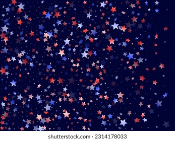 American Patriot Day stars background. Confetti in US flag colors for Independence Day.  Banner red blue white stars on dark American patriotic vector. July 4th stardust confetti.