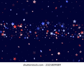 American Patriot Day stars background. Confetti in US flag colors for Independence Day.  Minimal red blue white stars on dark American patriotic vector. July 4th holiday stardust.