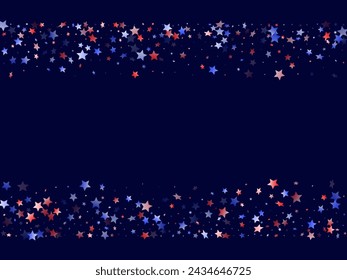 American Patriot Day stars background. Holiday confetti in US flag colors for President Day. Festive red blue white stars on dark American patriotic vector. 4th of July stardust scatter.